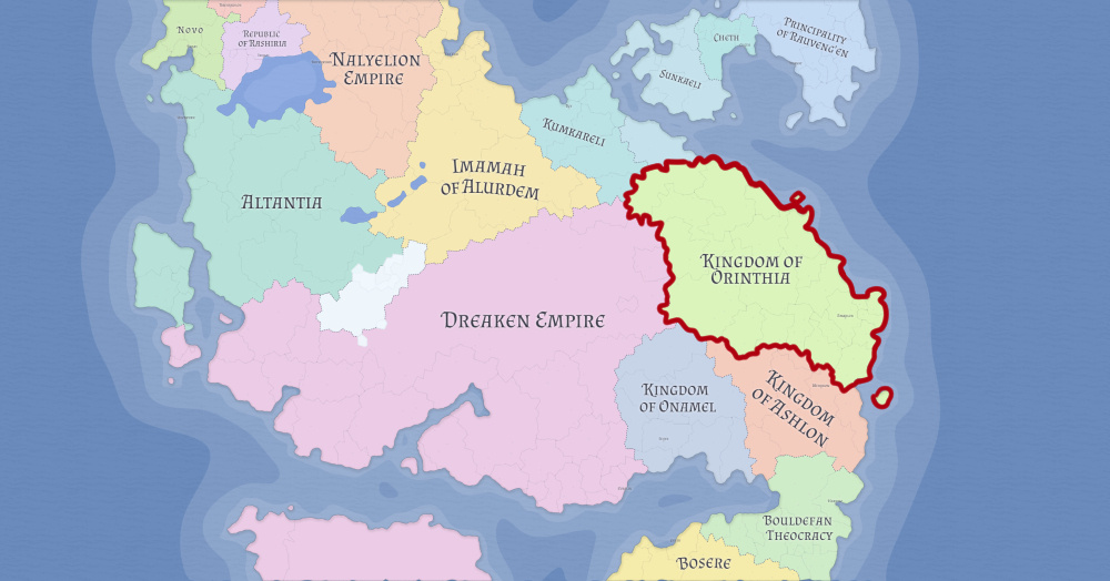 A map of Barios, highlighting where the Kingdom of Orinthia is located.